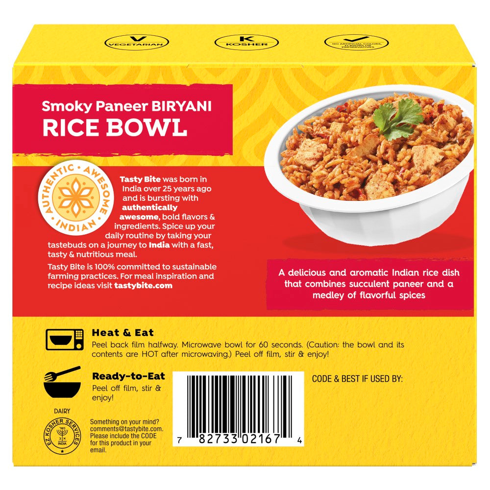 Back of Tasty Bite Pack, Smoky Paneer Biryani Rice bowl, Vegetarian and Kosher