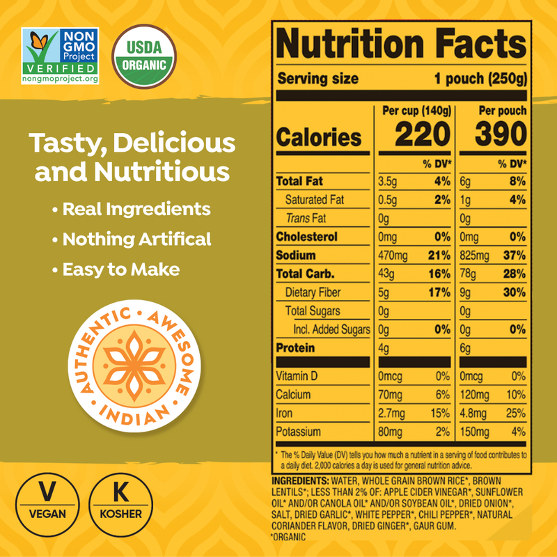 Tasty Bite Organic Brown Rice and Lentils nutritional information