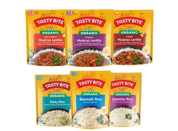 Tasty Bite Indian Ready-Meals. Variety Pack of 6: Madras Lentils, Sticky Rice, Basmati Rice, and Jasmine Rice.