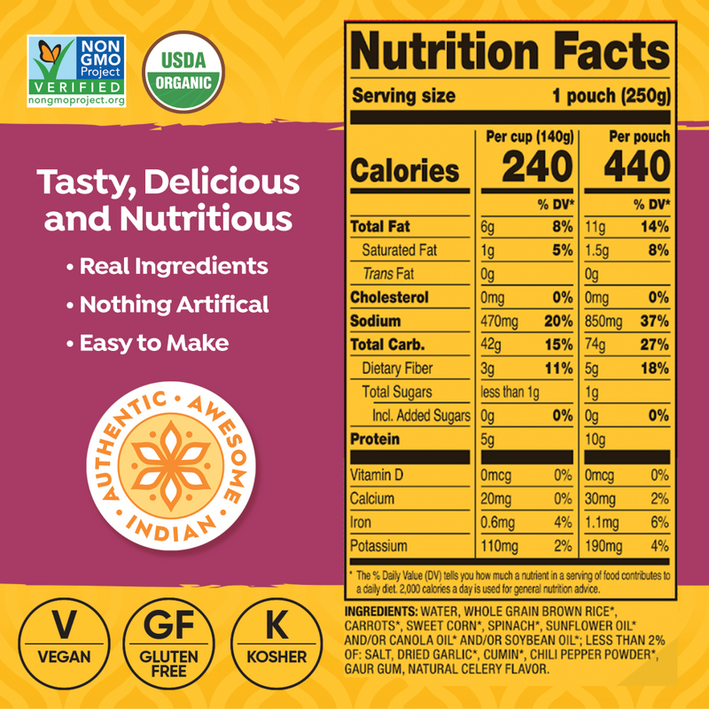 Tasty Bite Organic Garlic Brown Rice Authentic Indian Nutritional Facts