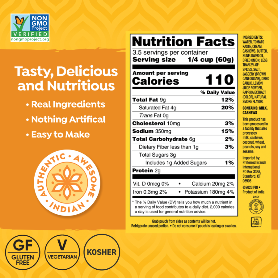 Nutrition label with certification logos on a yellow background