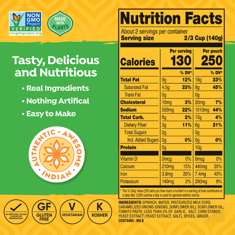 Tasty Bite Spinach & Paneer, Authentic Indian Nutritional Facts