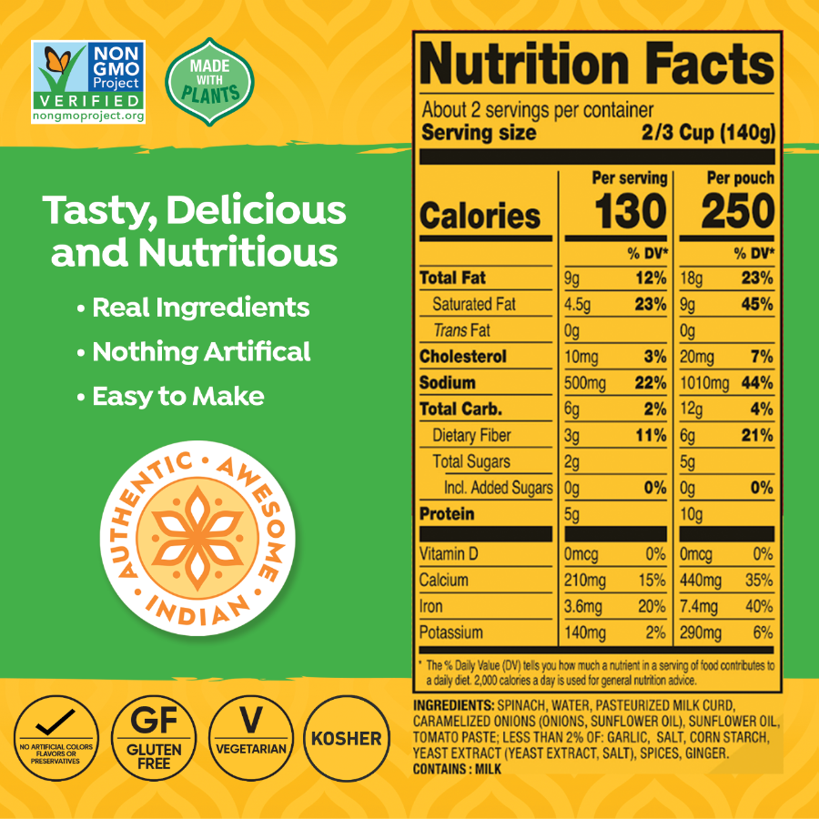 Spinach & Paneer Nutrition facts label