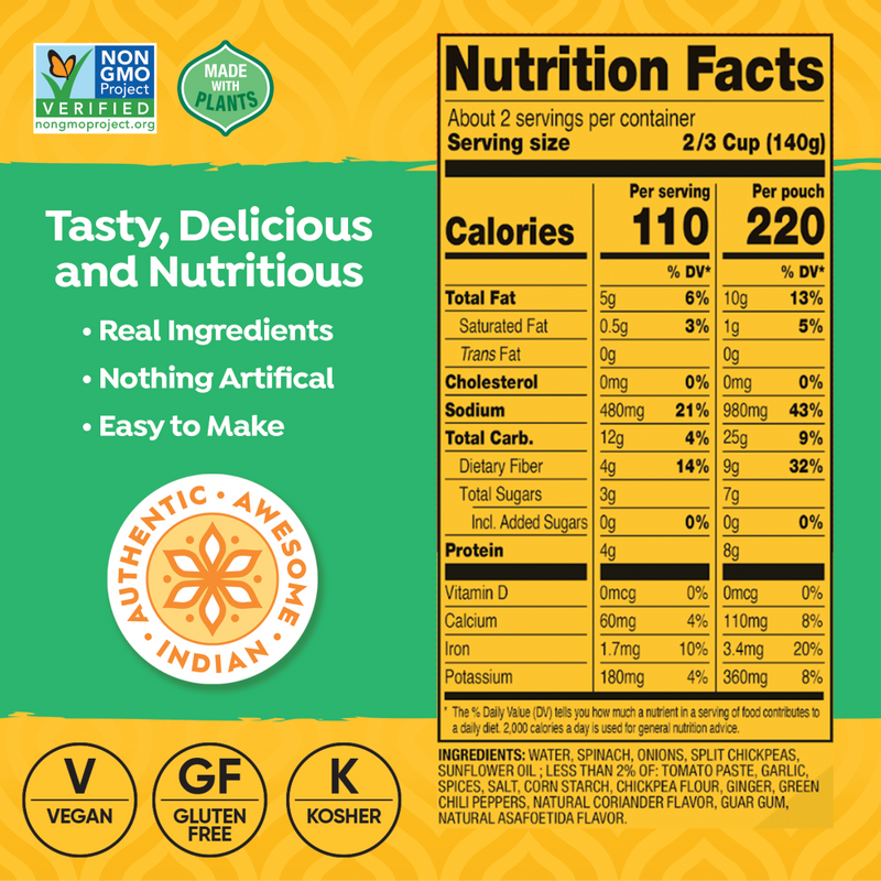 Tasty Bite Spinach Dal Indian Ready-made meal Nutritional Facts