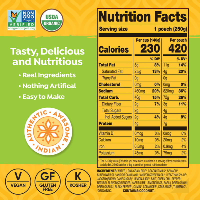 Tasty Bite Tandoori Rice, Authentic Indian Microwaveable Meal Nutritional Facts