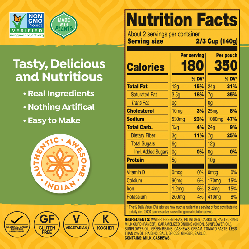 Tasty Bite Vegetable & Paneer nutritional facts