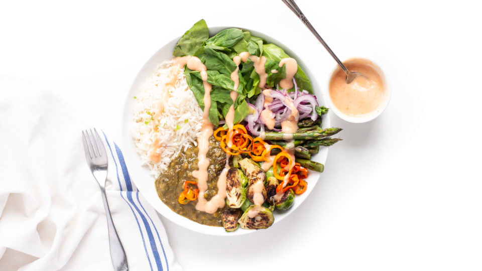 Tasty Buddha Bowl with Sriracha Yogurt Sauce