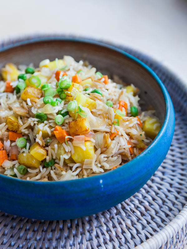 Pineapple Fried Rice in blue bowl
