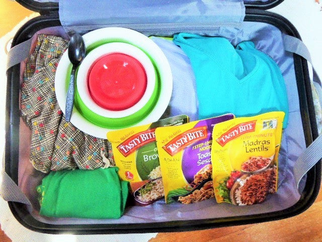 Tasty Bite Indian meals in a travel bag