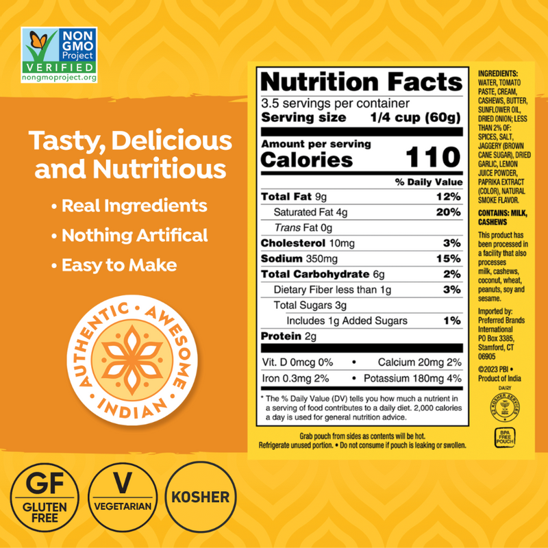 Nutrition label with certification logos on a yellow background