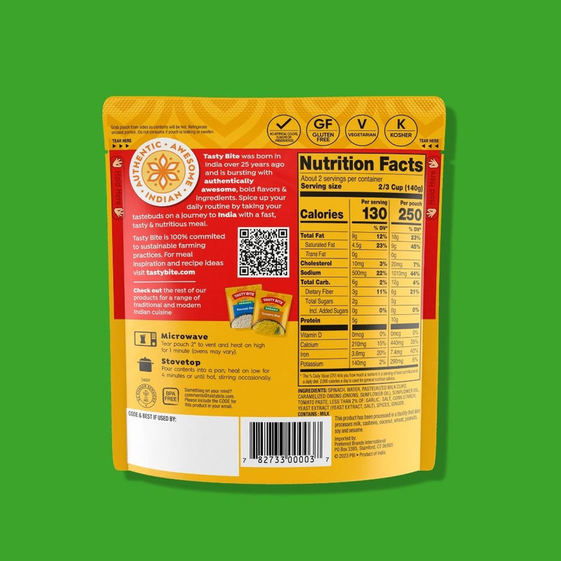 Spinach & Paneer Nutrition facts label on a yellow food package against a green background