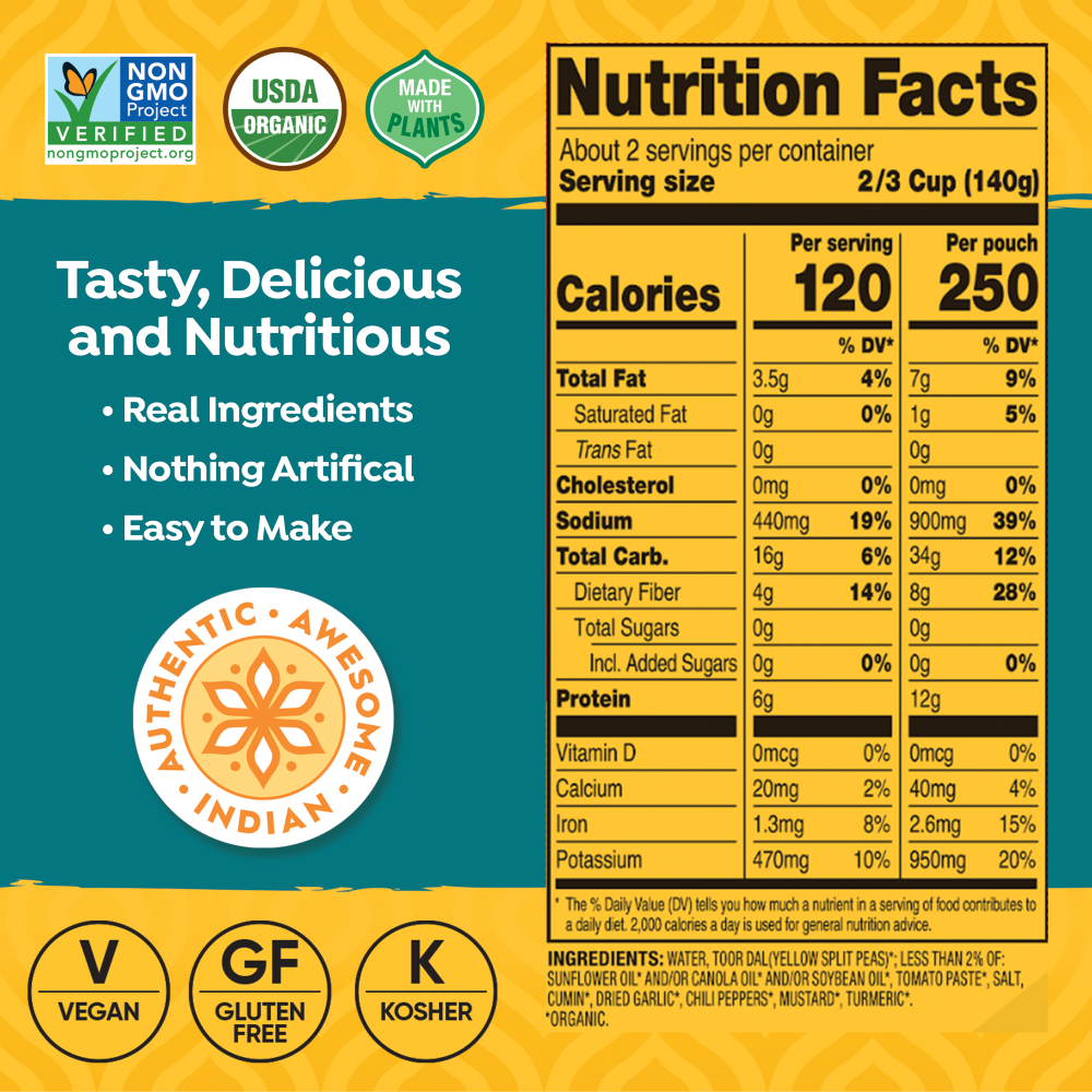 Organic Turmeric Split Pea Curry Jodhpur Dal 6 Pack Tasty Bite