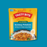 Tasty Bite Bombay Potatoes package on a blue background