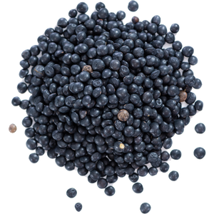 Glossy black lentils with a rich, earthy color