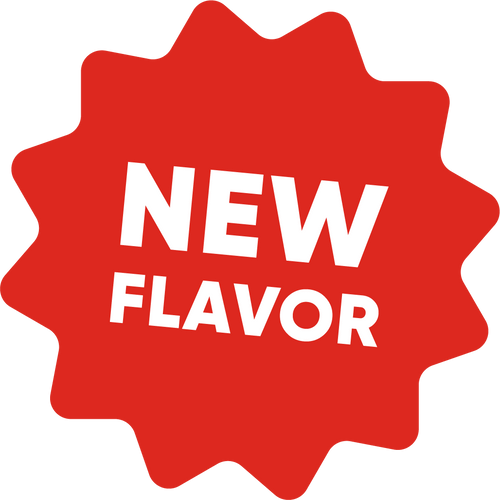 Red star-shaped badge with 'NEW FLAVOR' text