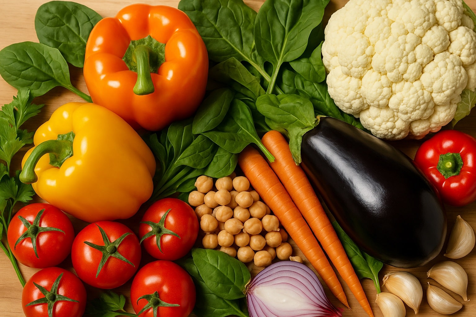 Fresh vegetables and chickpeas including tomatoes, carrots, eggplant, cauliflower, peppers, spinach, garlic, and onion.