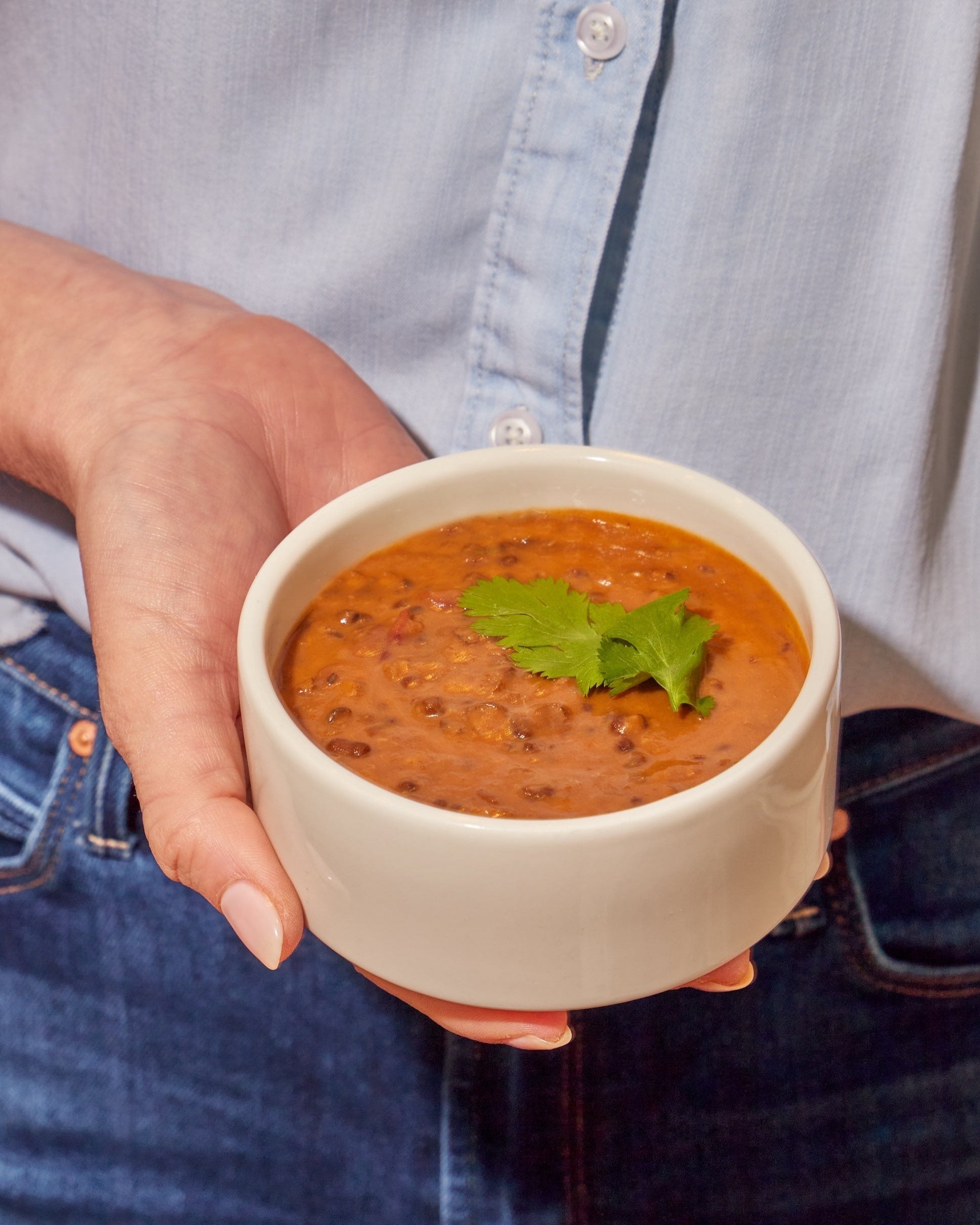 Close-up of Tasty Bite Madras Lentils served in a white bowl